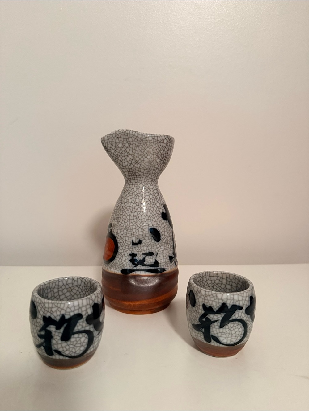 Crackle-Glaze 3 Piece Sake Set in Gray, Brown and Black